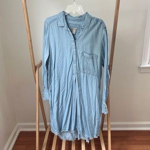 Long Sleeve Denim Dress with Frayed Bottom